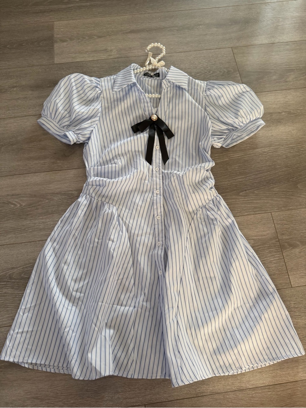 SHEIN Blue & White Striped Puff Sleeve Shirt Dress with Black Bow